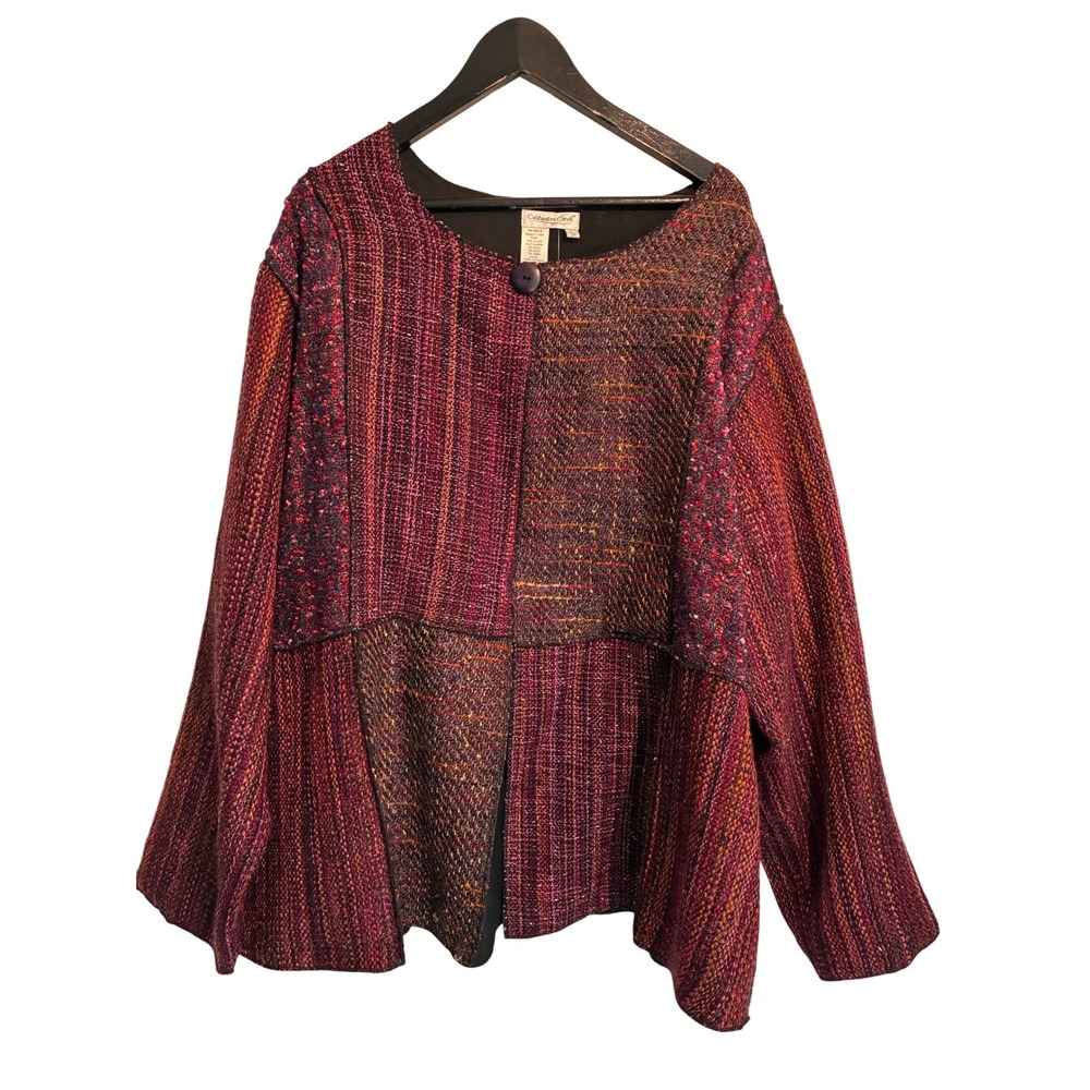 Coldwater Creek Patchwork Tweed Jacket Womens 3X Burgundy Multi Open Front NEW